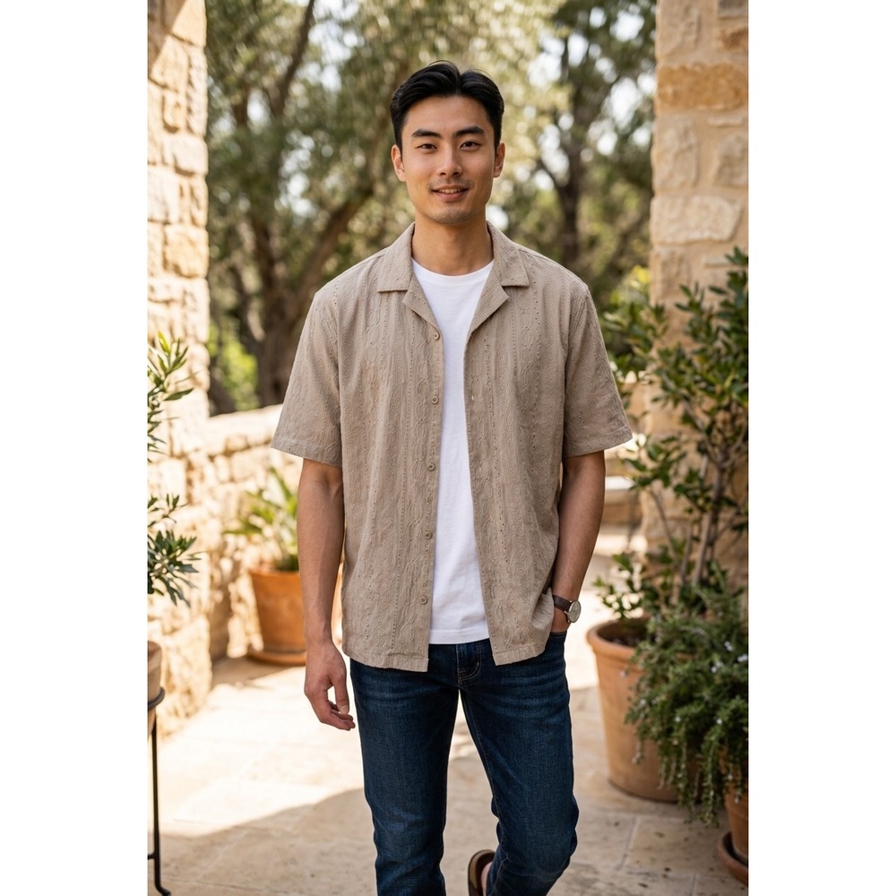 045 Malibu by Drill Clothing Co Mens Desert Taupe Textured Knit CampShirt XL NEW
